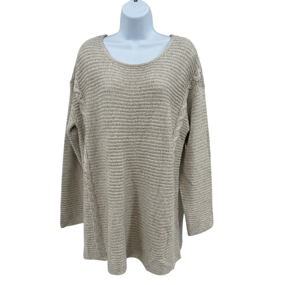 Chicos Sweater Textured Knit Top Tan/Sequin WMNS XL Long Sleeve Minimalist Chic